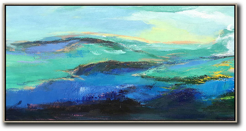 Hand Made Abstract Art,Horizontal Palette Knife Abstract Landscape Art Panoramic Canvas Painting,Unique Canvas Art,Dark Blue,Green,Black,Yellow.etc